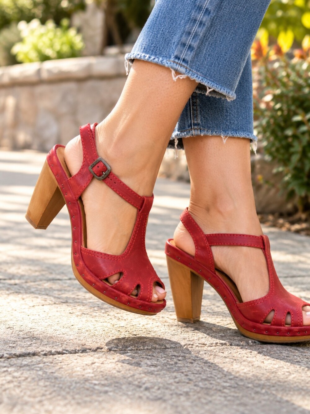 Fly London Red Leather Peep-Toe Slingback Platform Heels Chunky Wood Look Retro